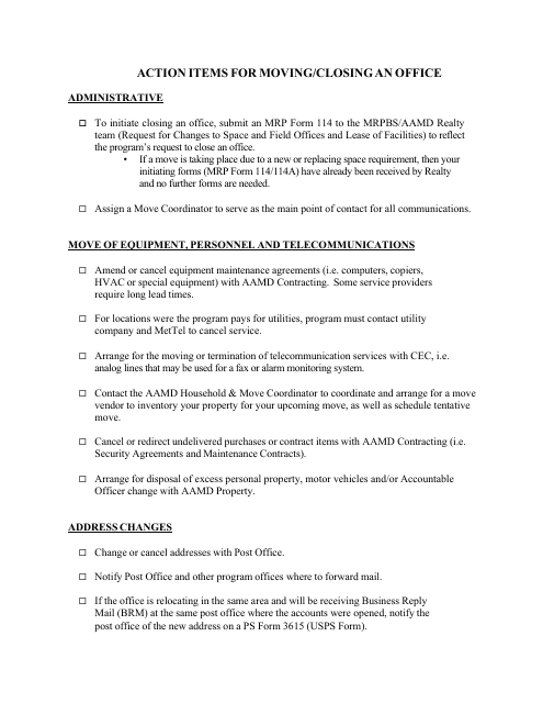 Action Items for Moving / Closing an Office Download Pdf