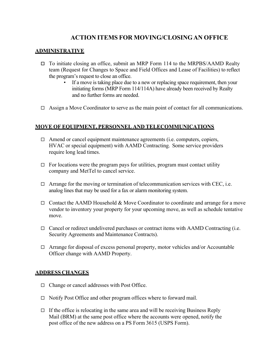 Action Items for Moving / Closing an Office, Page 1