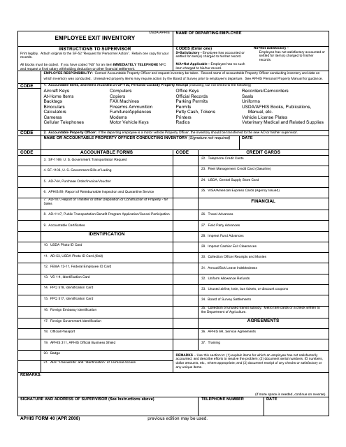 APHIS Form 40 Employee Exit Inventory