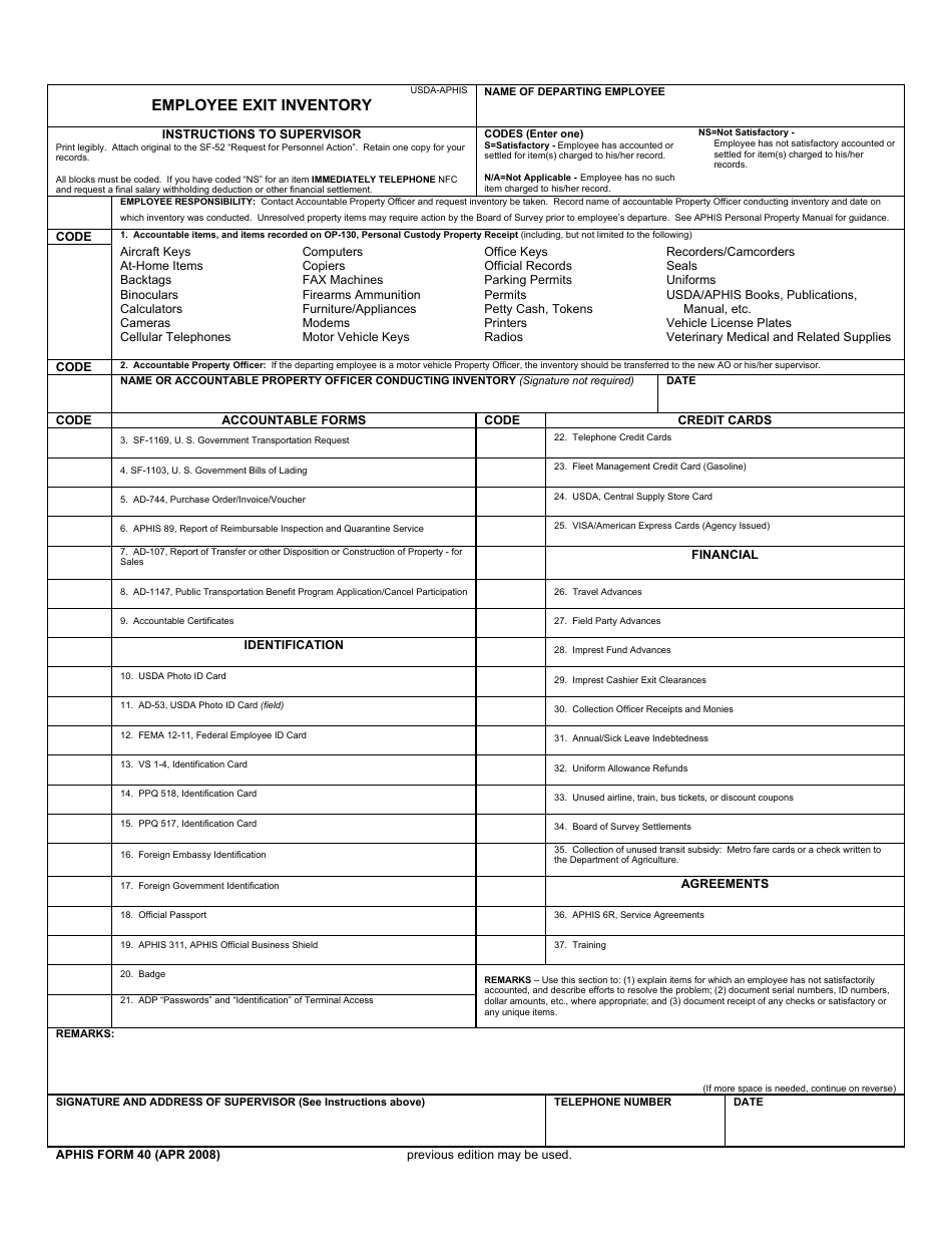 APHIS Form 40 Employee Exit Inventory, Page 1
