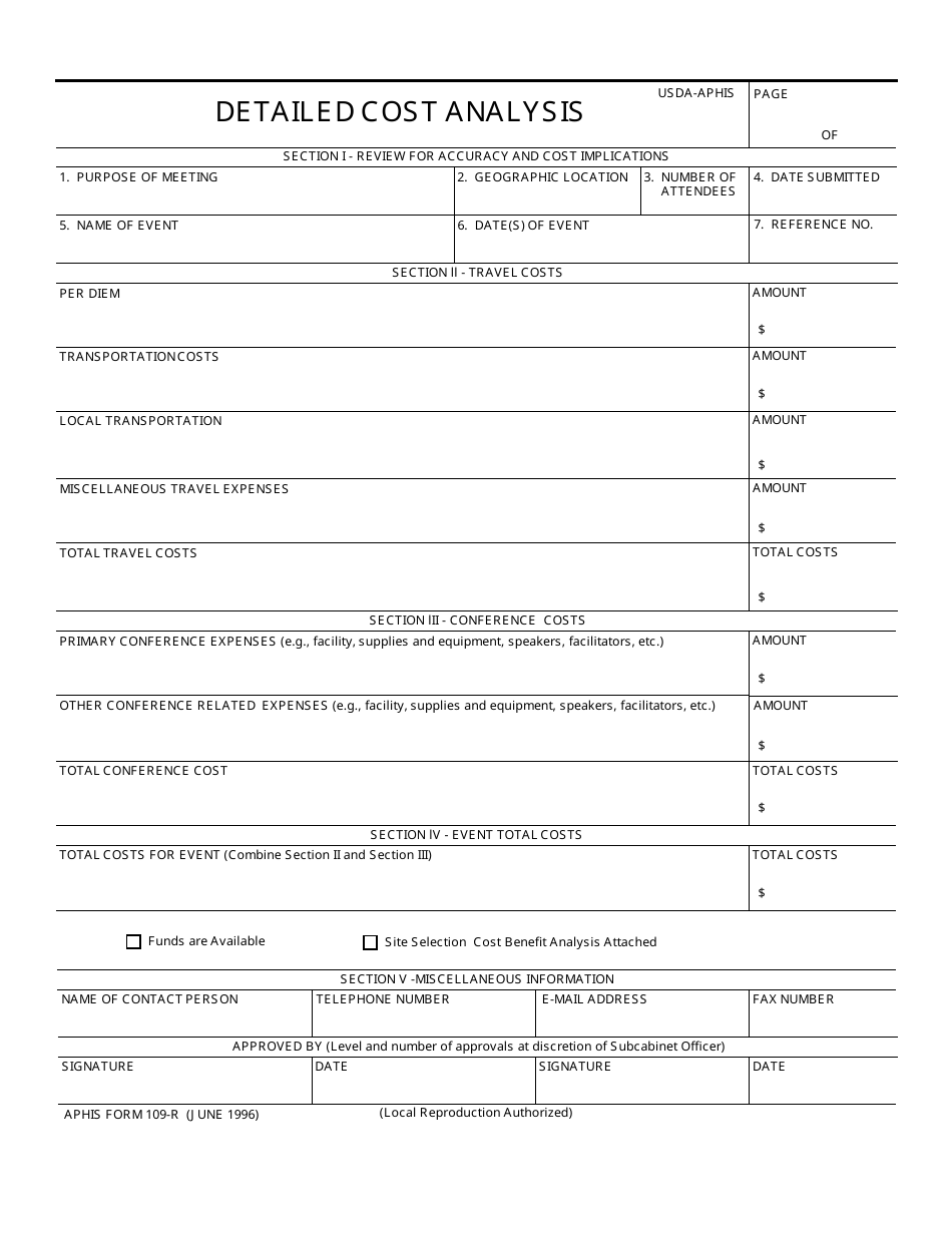 APHIS Form 109-R Detailed Cost Analysis, Page 1