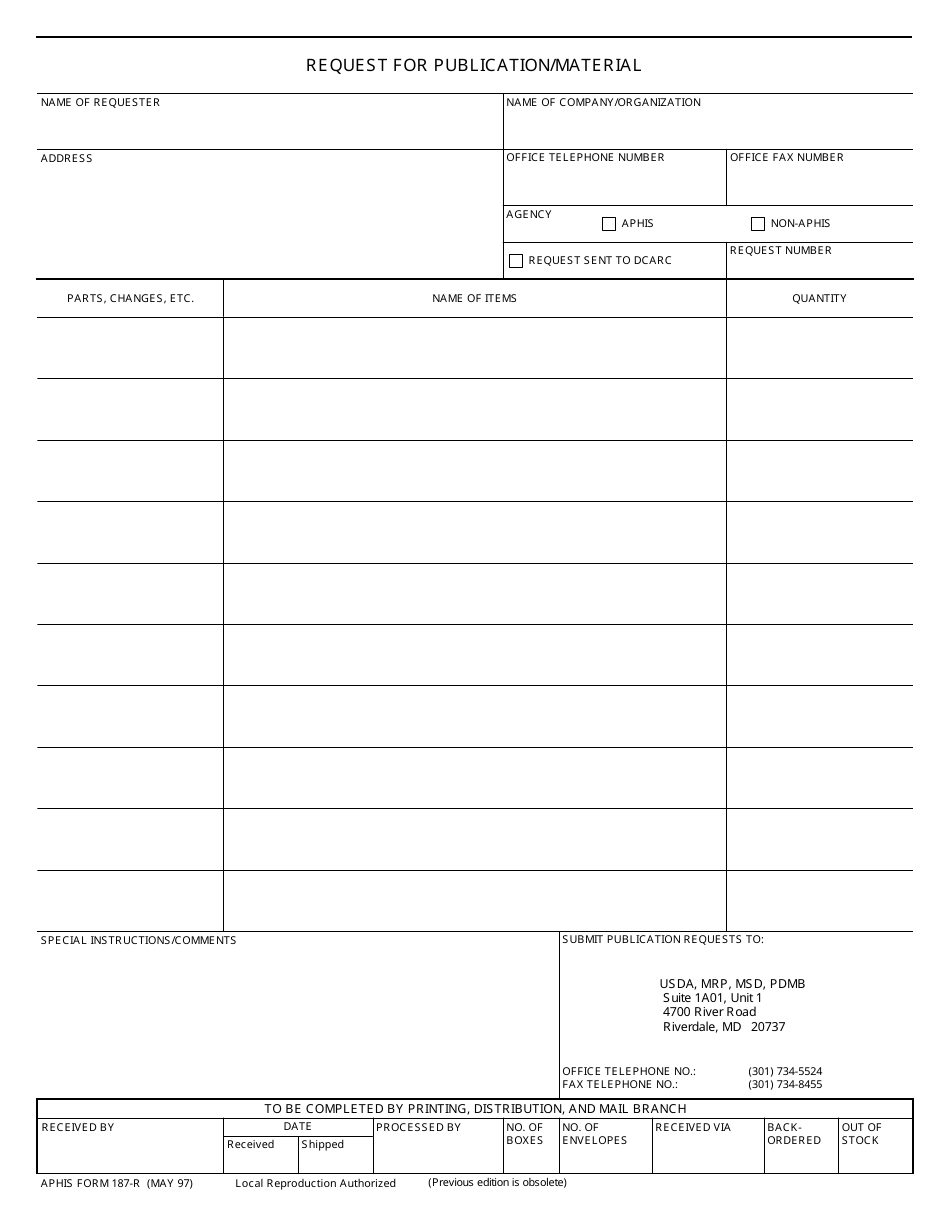 APHIS Form 187-R Request for Publication / Material, Page 1