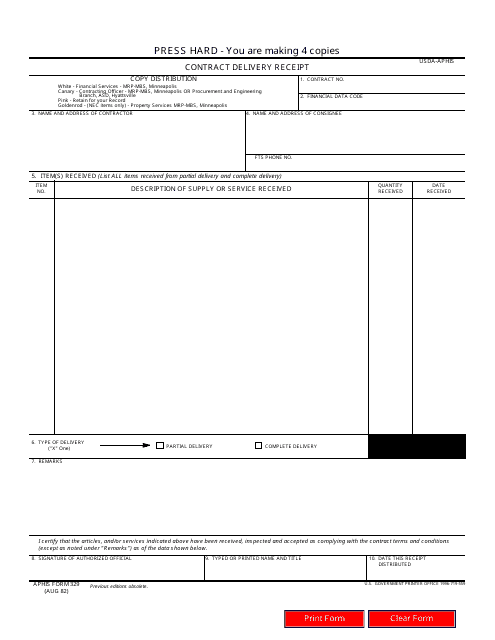 APHIS Form 329 Contract Delivery Receipt