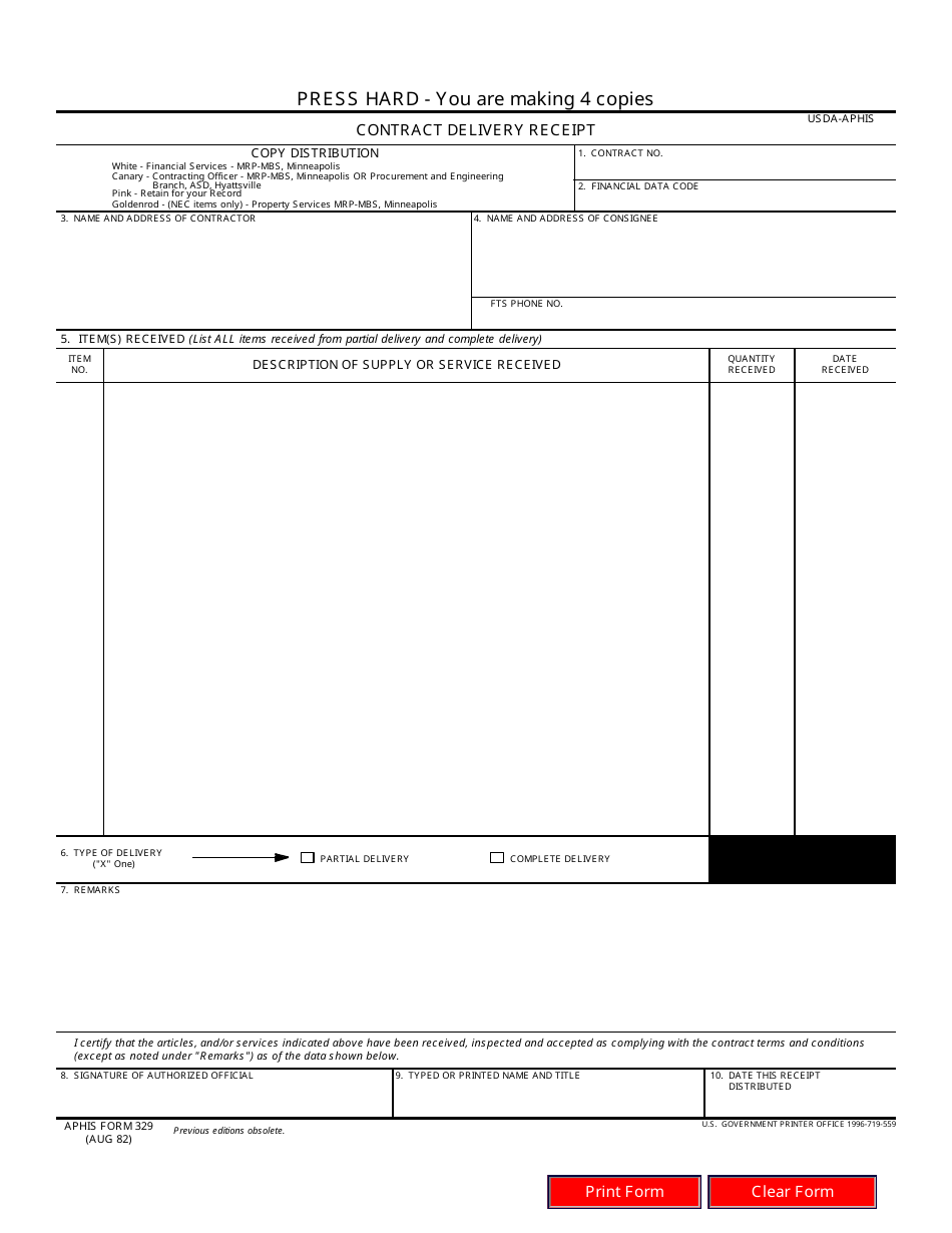 APHIS Form 329 Contract Delivery Receipt, Page 1