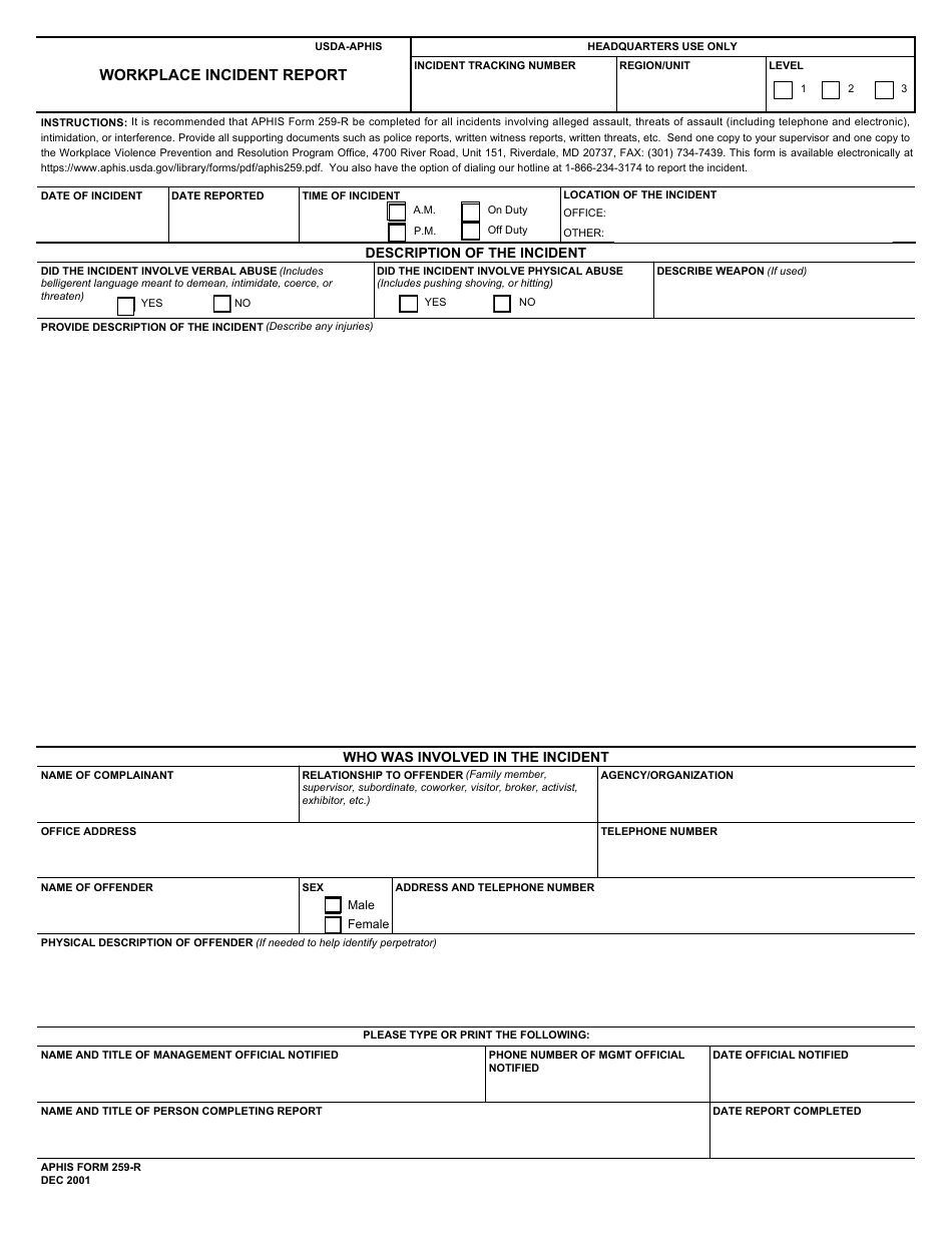 APHIS Form 259-R Workplace Incident Report, Page 1