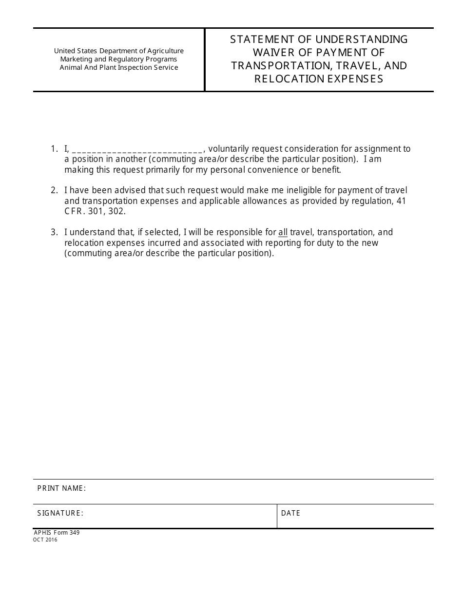 APHIS Form 349 Statement of Understanding Waiver of Payment of Transportation, Travel, and Relocation Expenses, Page 1