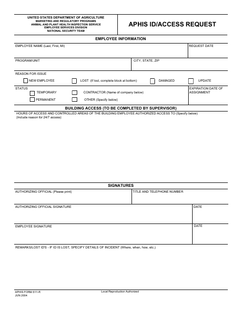 APHIS Form 511-R Aphis Id/Access Request