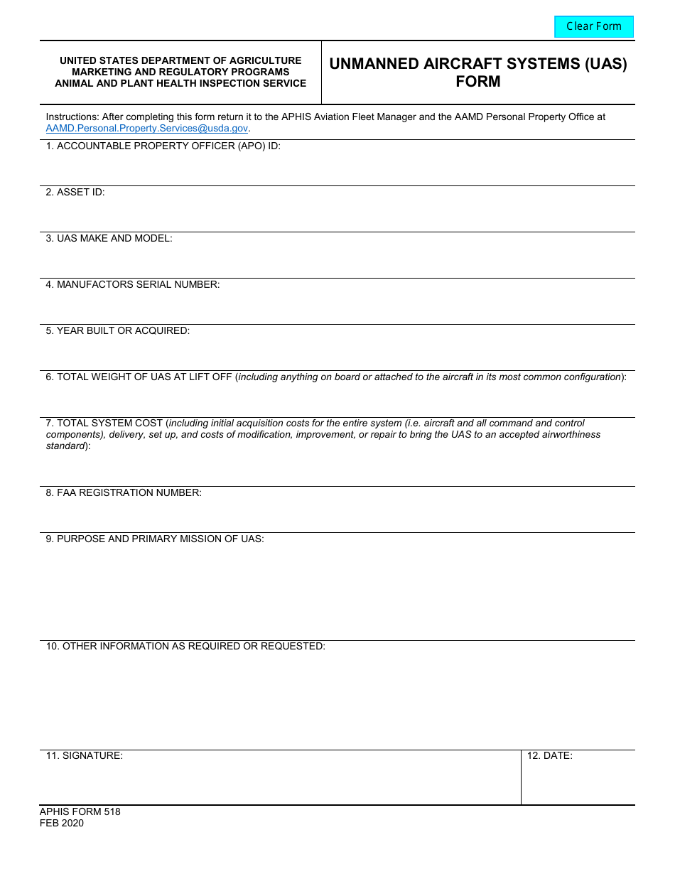 APHIS Form 518 Unmanned Aircraft Systems (Uas) Form, Page 1
