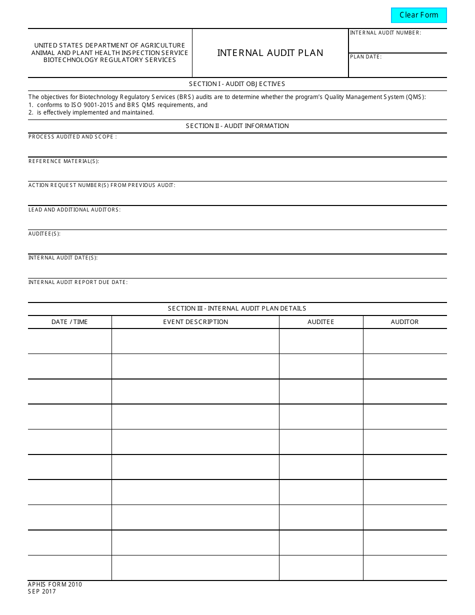 APHIS Form 2010 Internal Audit Plan, Page 1