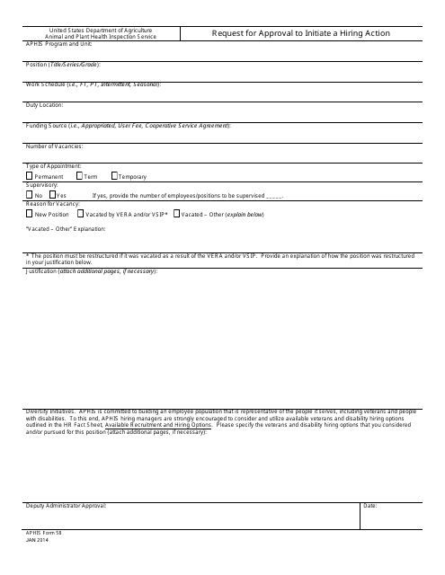 APHIS Form 58 Request for Approval to Initiate a Hiring Action