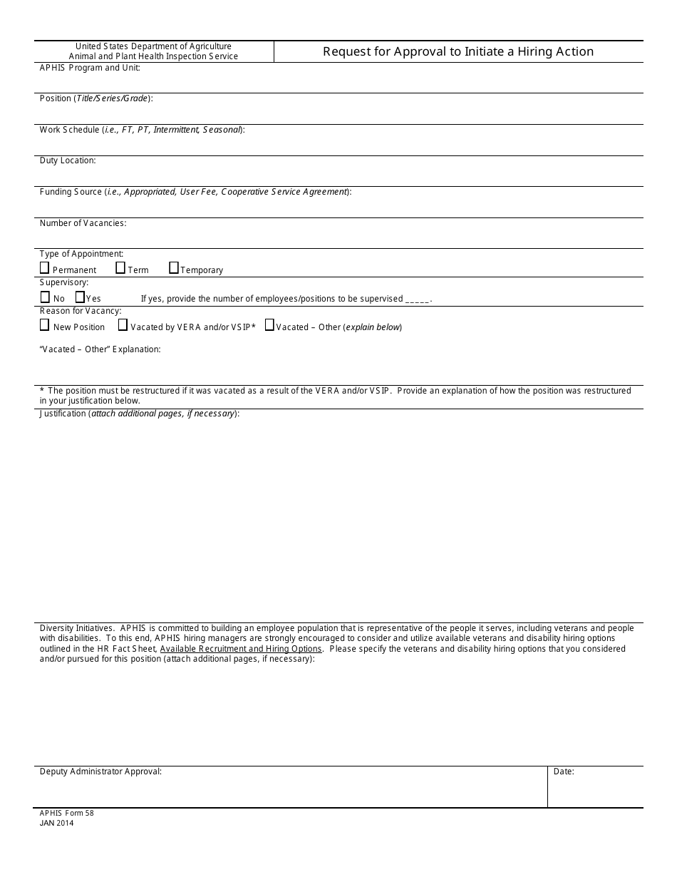 APHIS Form 58 Request for Approval to Initiate a Hiring Action, Page 1
