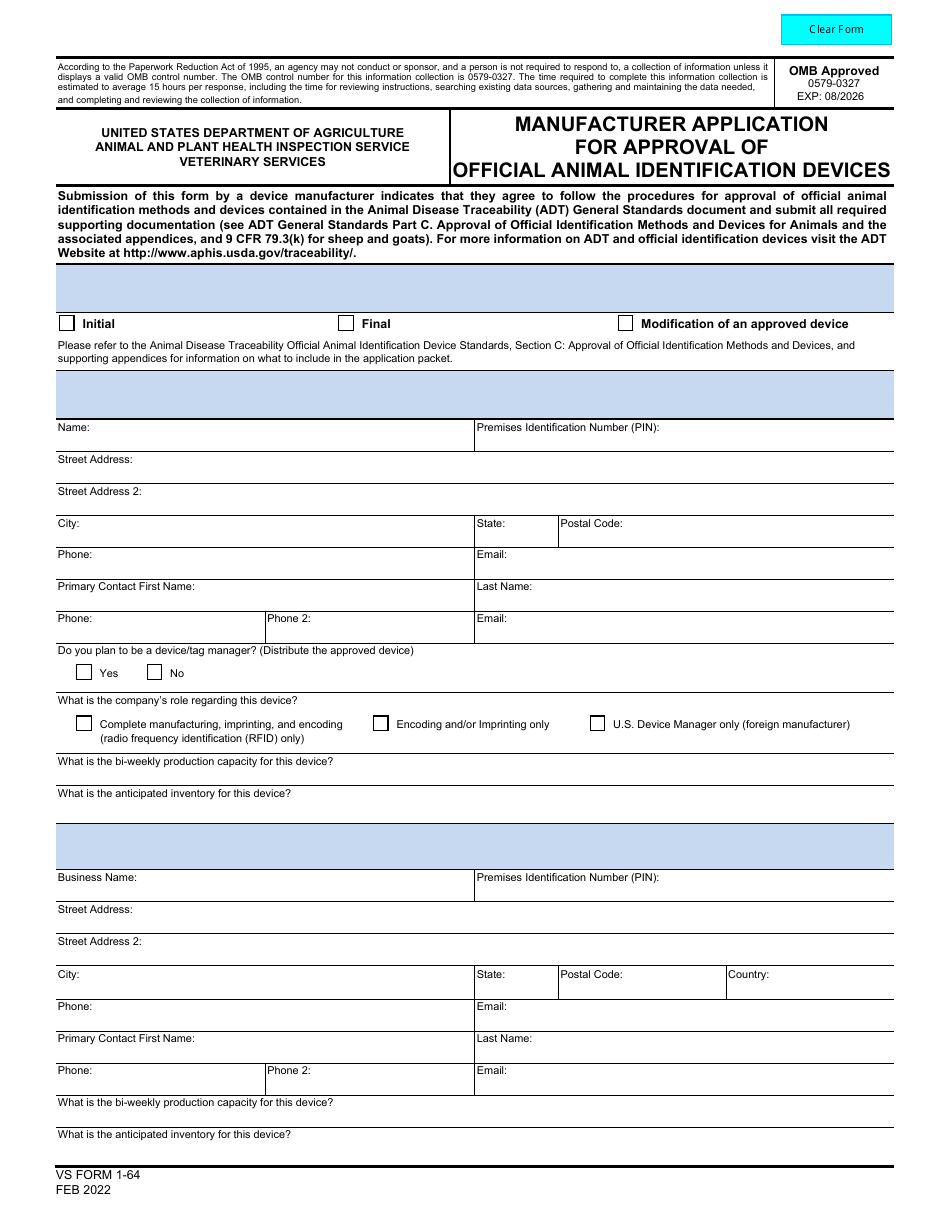 VS Form 1-64 Manufacturer Application for Approval of Official Animal Identification Devices, Page 1