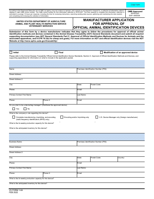 VS Form 1-64 Manufacturer Application for Approval of Official Animal Identification Devices
