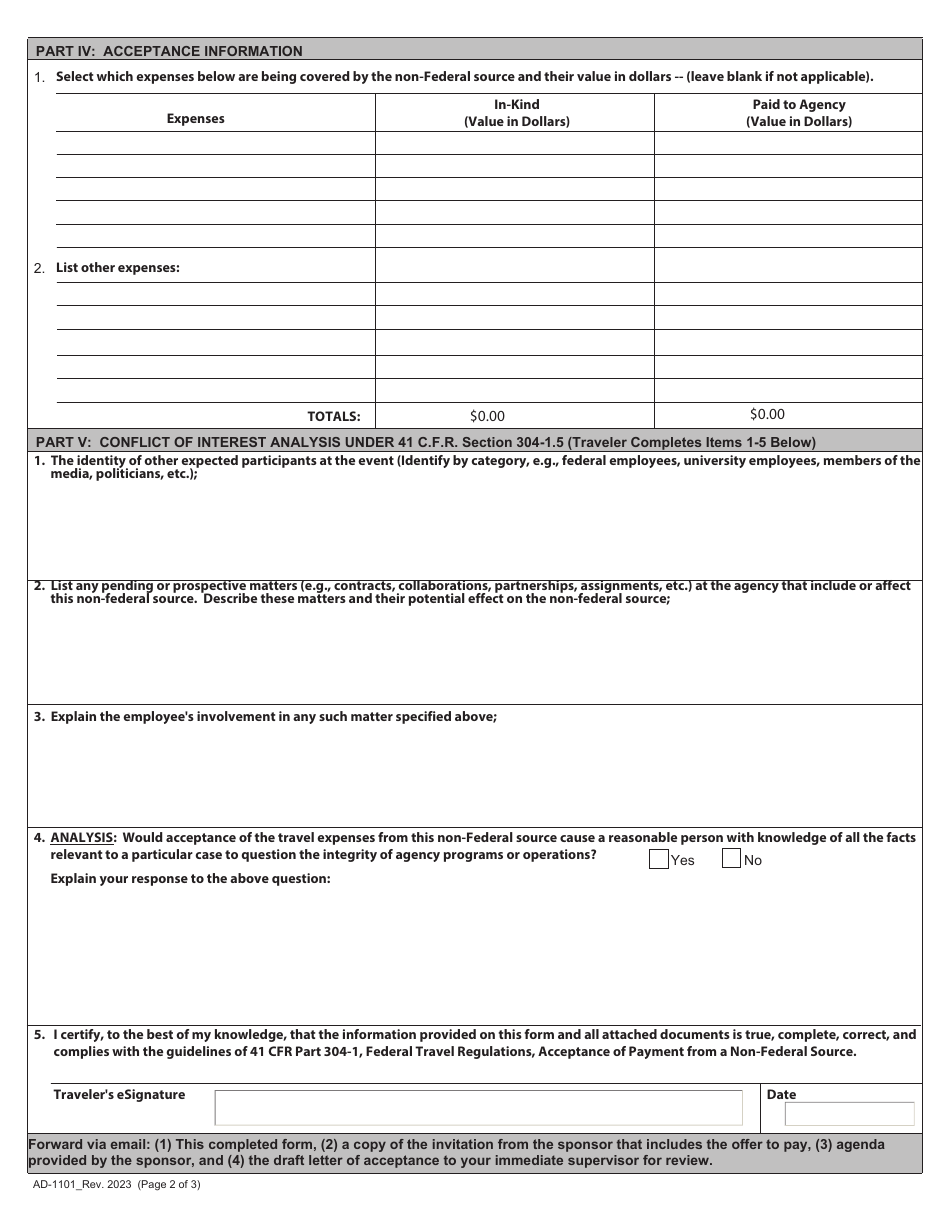 Form AD-1101 Approval and Report of Travel Funds Received From Non-federal Sources, Page 3