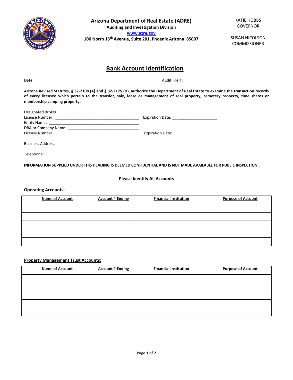 Form AUD-100A Bank Account Identification - Arizona, Page 1