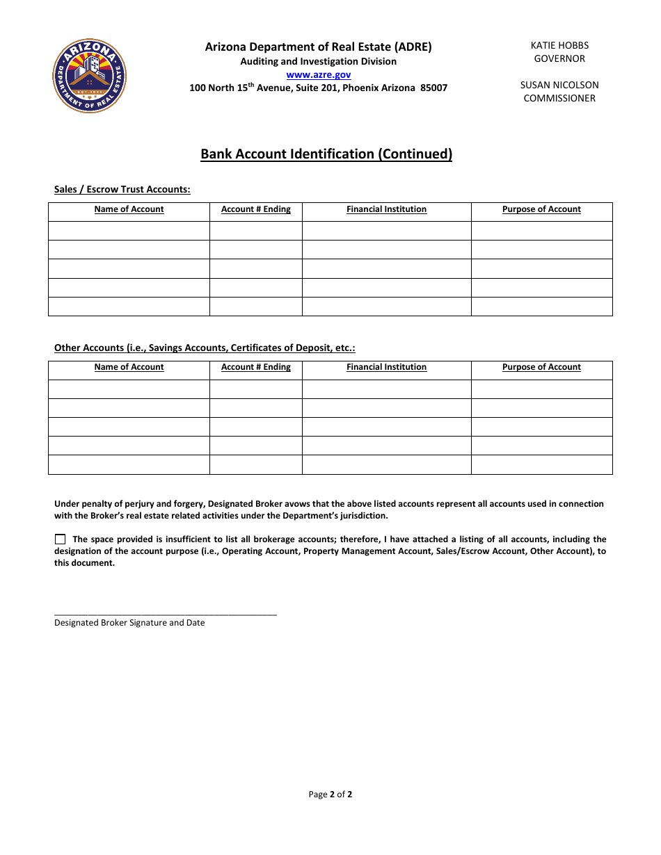 Form AUD-100A Bank Account Identification - Arizona, Page 2