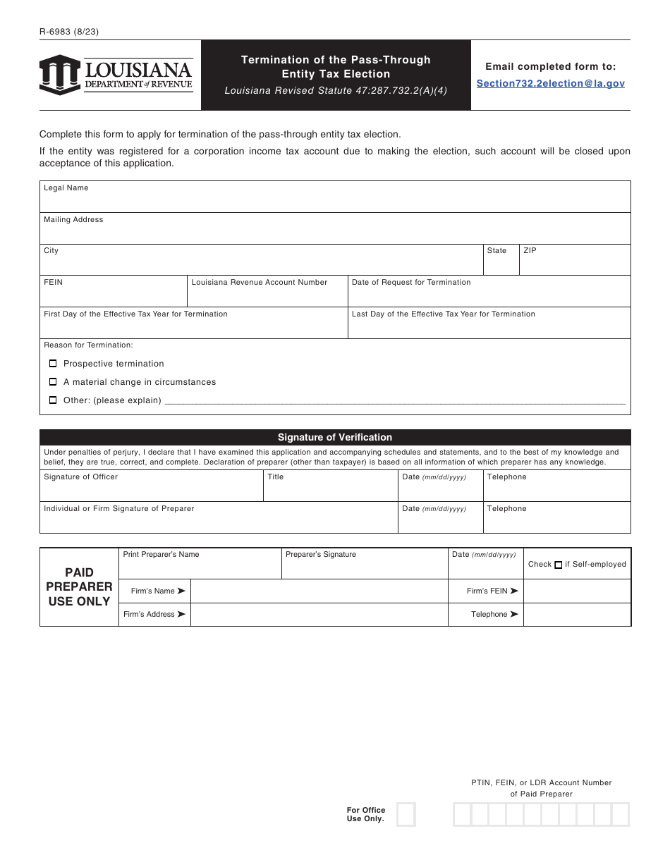 Form R-6983 Termination of the Pass-Through Entity Tax Election - Louisiana, Page 1