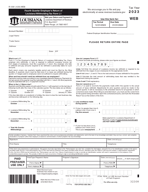 Form L-1 (R-1201) Fourth Quarter Employer's Return of Louisiana Withholding Tax Form - Louisiana, 2023
