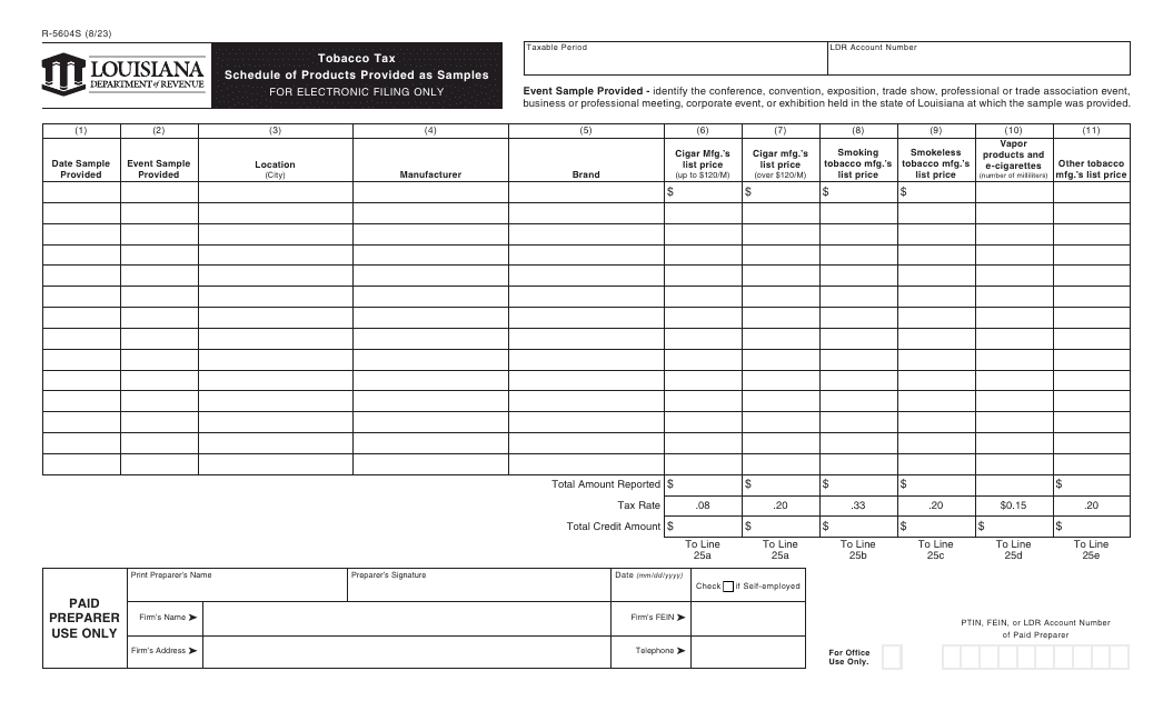 Form R-5604S Tobacco Tax Schedule of Products Provided as Samples - Louisiana