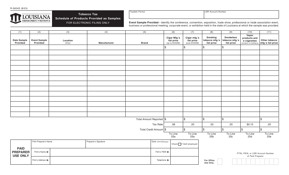 Form R-5604S Tobacco Tax Schedule of Products Provided as Samples - Louisiana, Page 1