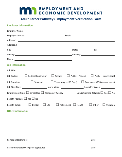 Adult Career Pathways Employment Verification Form - Minnesota