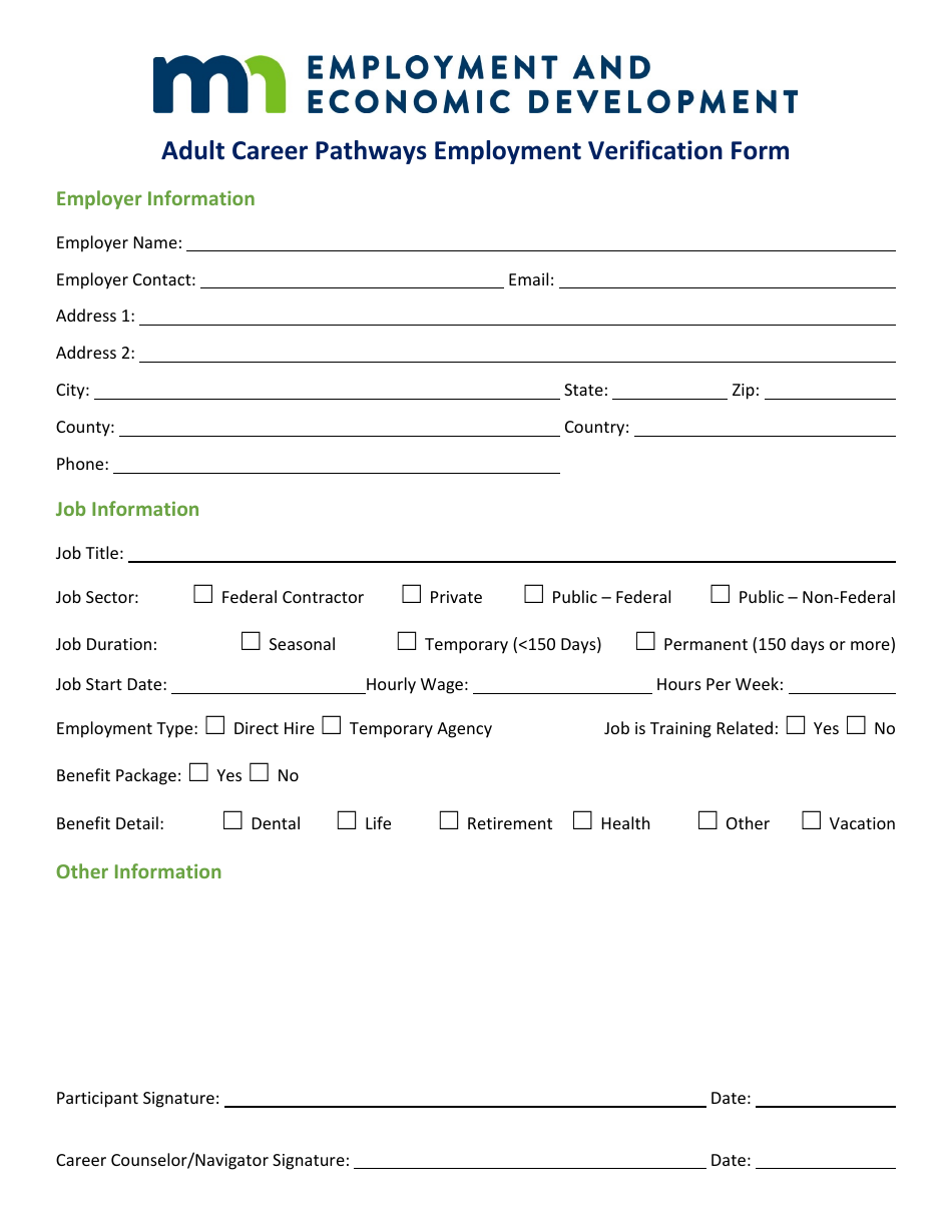 Minnesota Adult Career Pathways Employment Verification Form Fill Out, Sign Online and