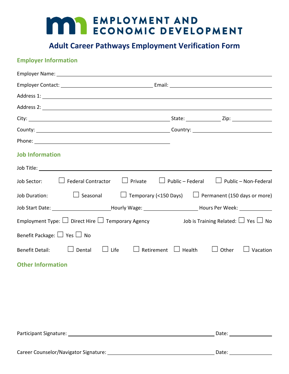 Adult Career Pathways Employment Verification Form - Minnesota, Page 1