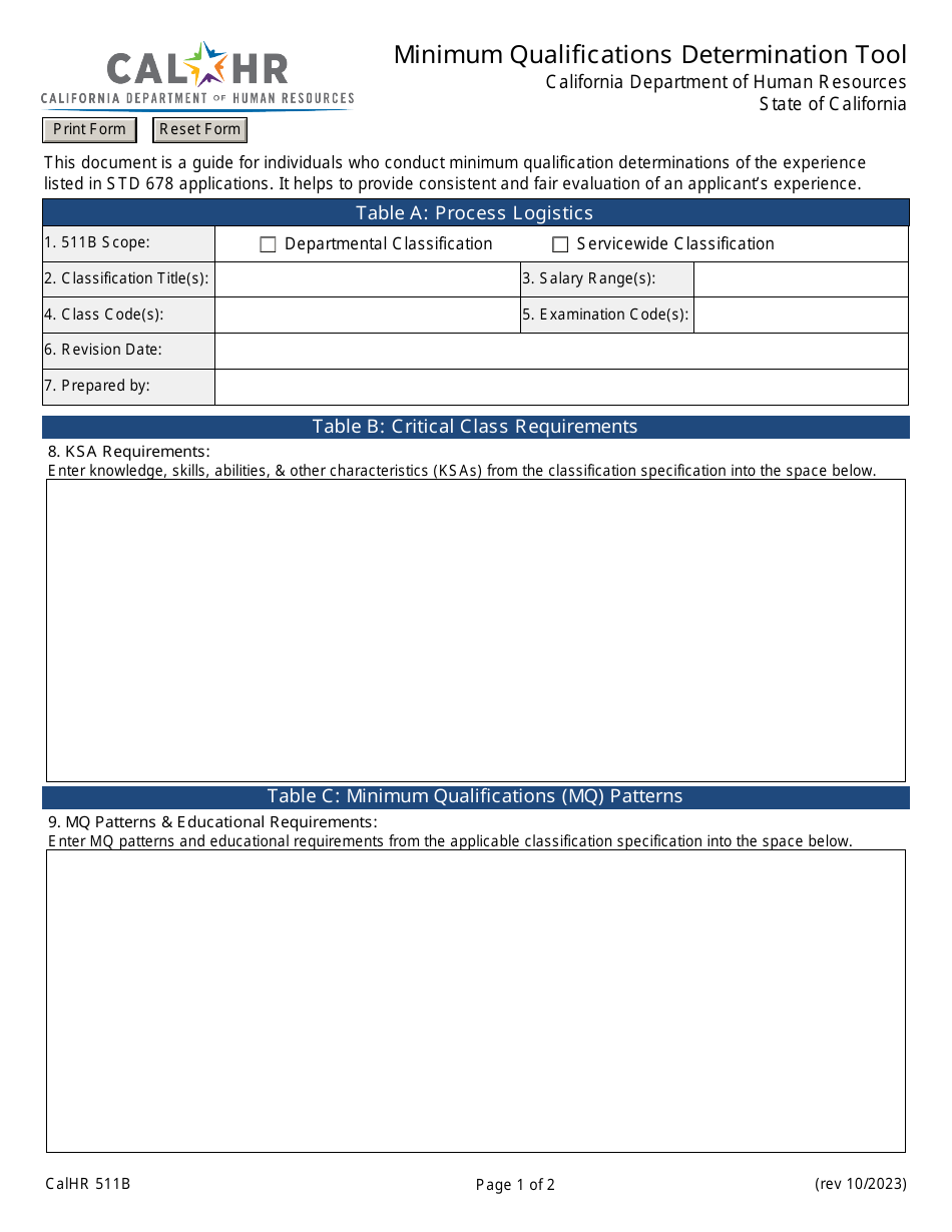 Form CALHR511B Minimum Qualifications Determination Tool - California, Page 1