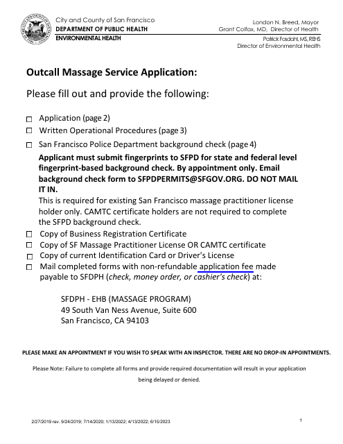 Application for Permit to Operate a Massage Establishment - City and County of San Francisco, California Download Pdf