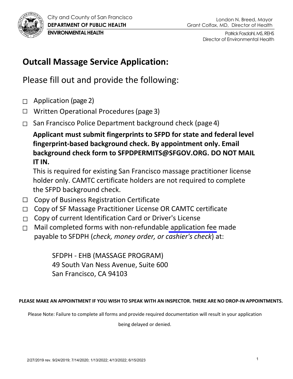 Application for Permit to Operate a Massage Establishment - City and County of San Francisco, California, Page 1