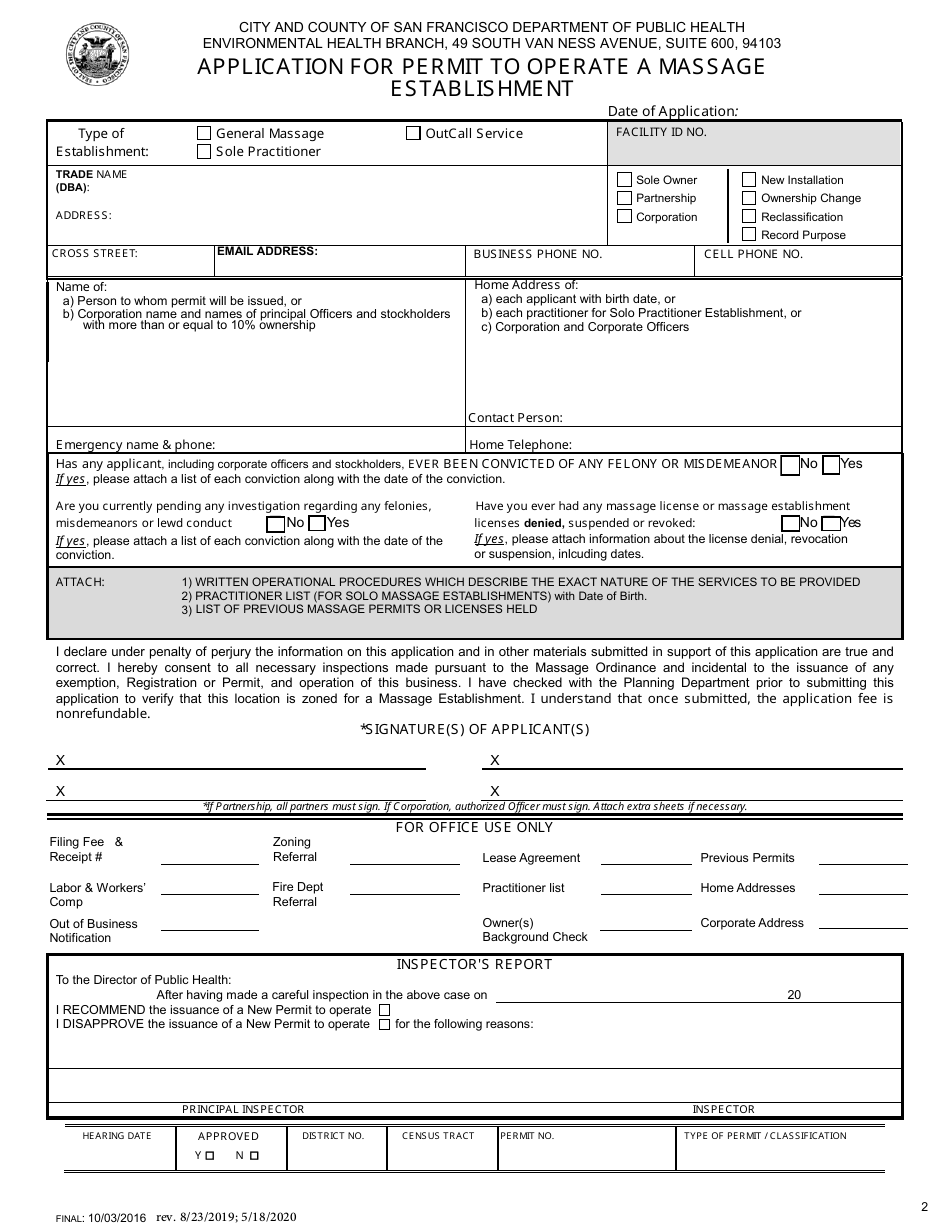 Application for Permit to Operate a Massage Establishment - City and County of San Francisco, California, Page 2