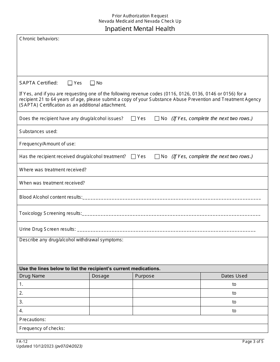 Form FA-12 Inpatient Mental Health - Nevada, Page 3