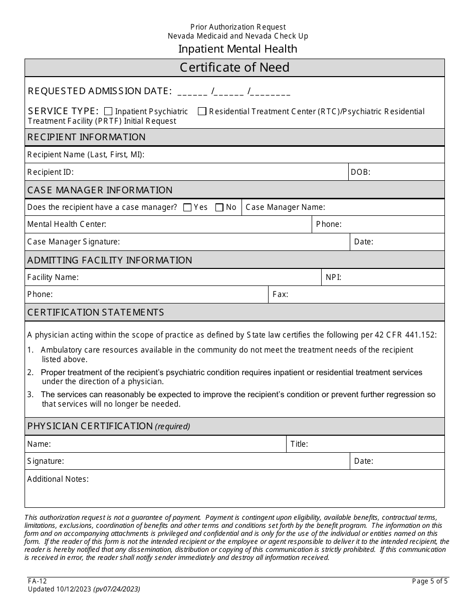 Form FA-12 Inpatient Mental Health - Nevada, Page 5