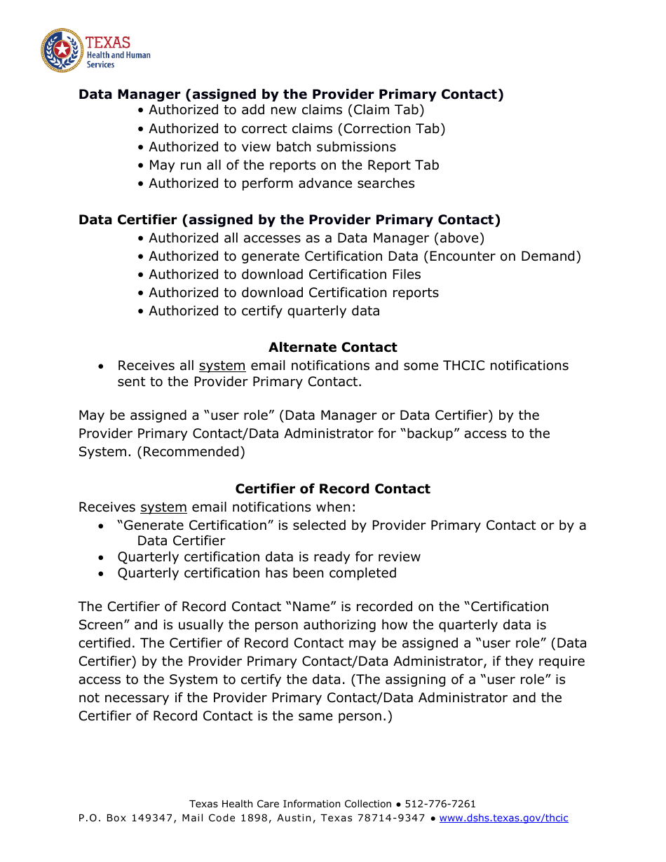 Thcic Facility Contact Information Form - Texas, Page 5