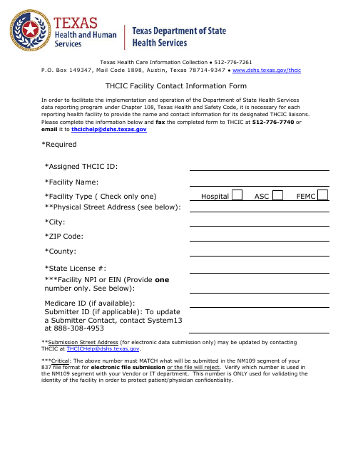 Thcic Facility Contact Information Form - Texas