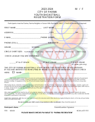 Document preview: Youth Basketball Registration Form - City of Parma, Ohio, 2024