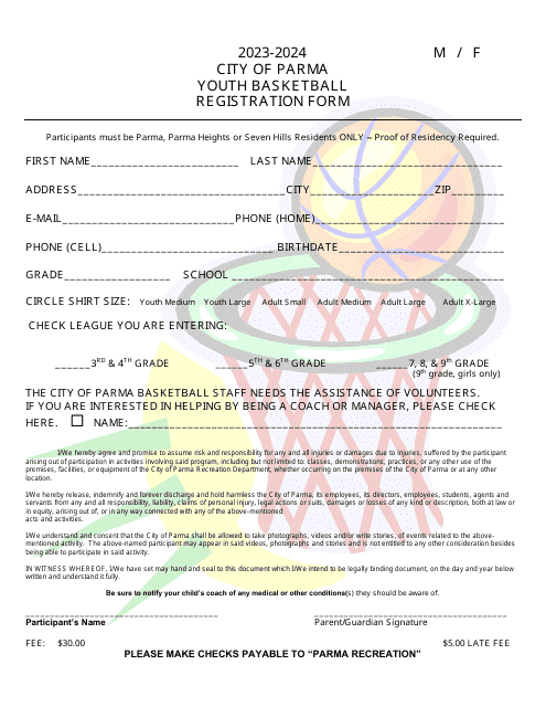 Youth Basketball Registration Form - City of Parma, Ohio, 2024