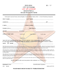 Document preview: Lay up League Basketball Registration Form - City of Parma, Ohio, 2024