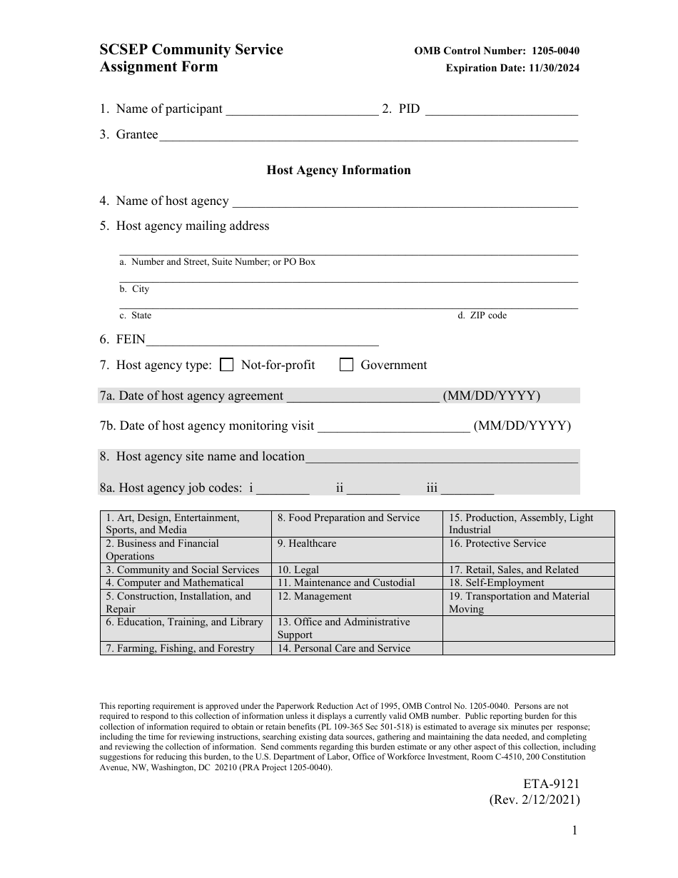 Form ETA-9121 Scsep Community Service Assignment Form - Minnesota, Page 1