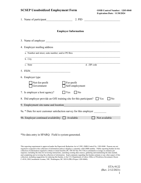Form ETA-9122 Scsep Unsubsidized Employment Form - Minnesota