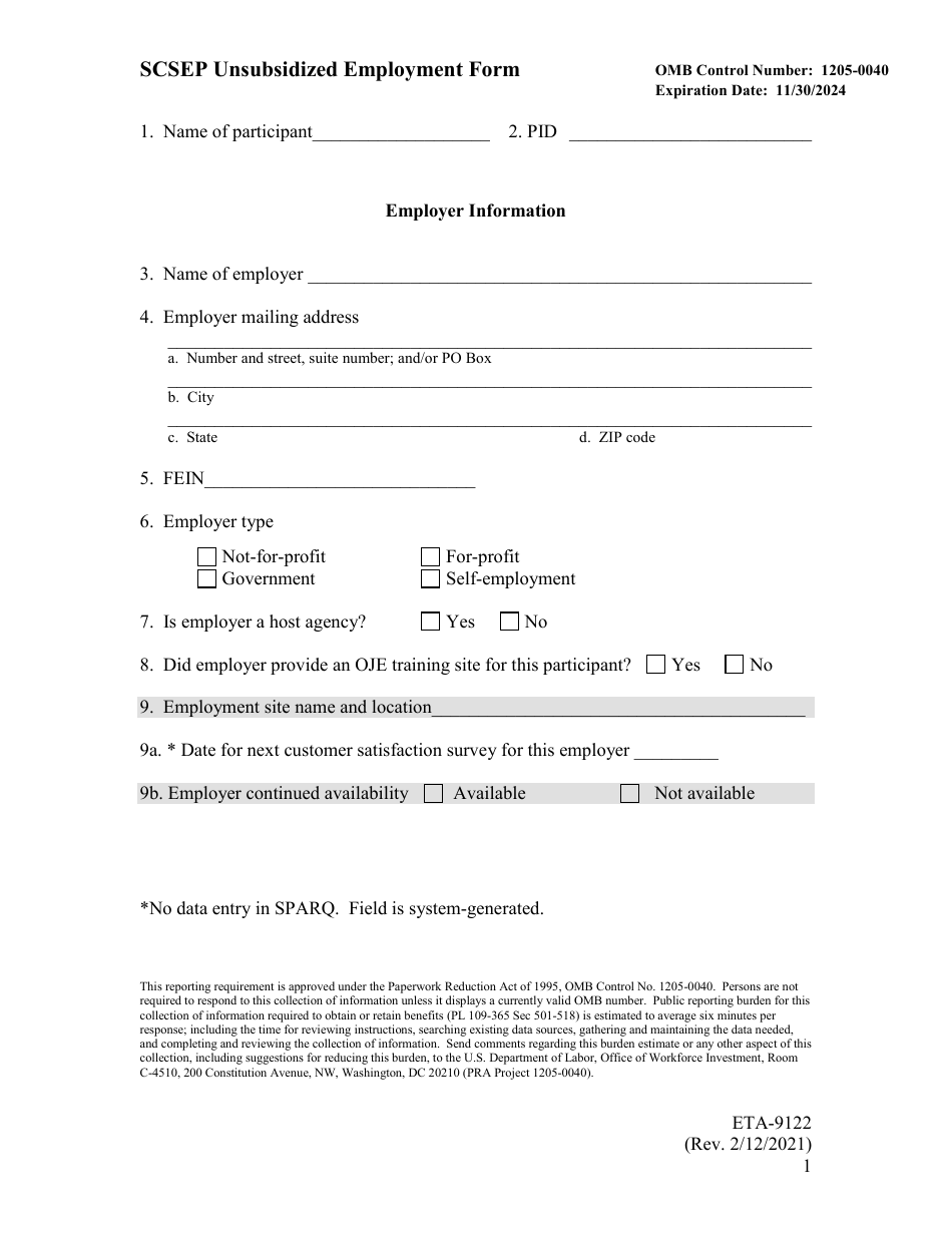 Form ETA-9122 Scsep Unsubsidized Employment Form - Minnesota, Page 1