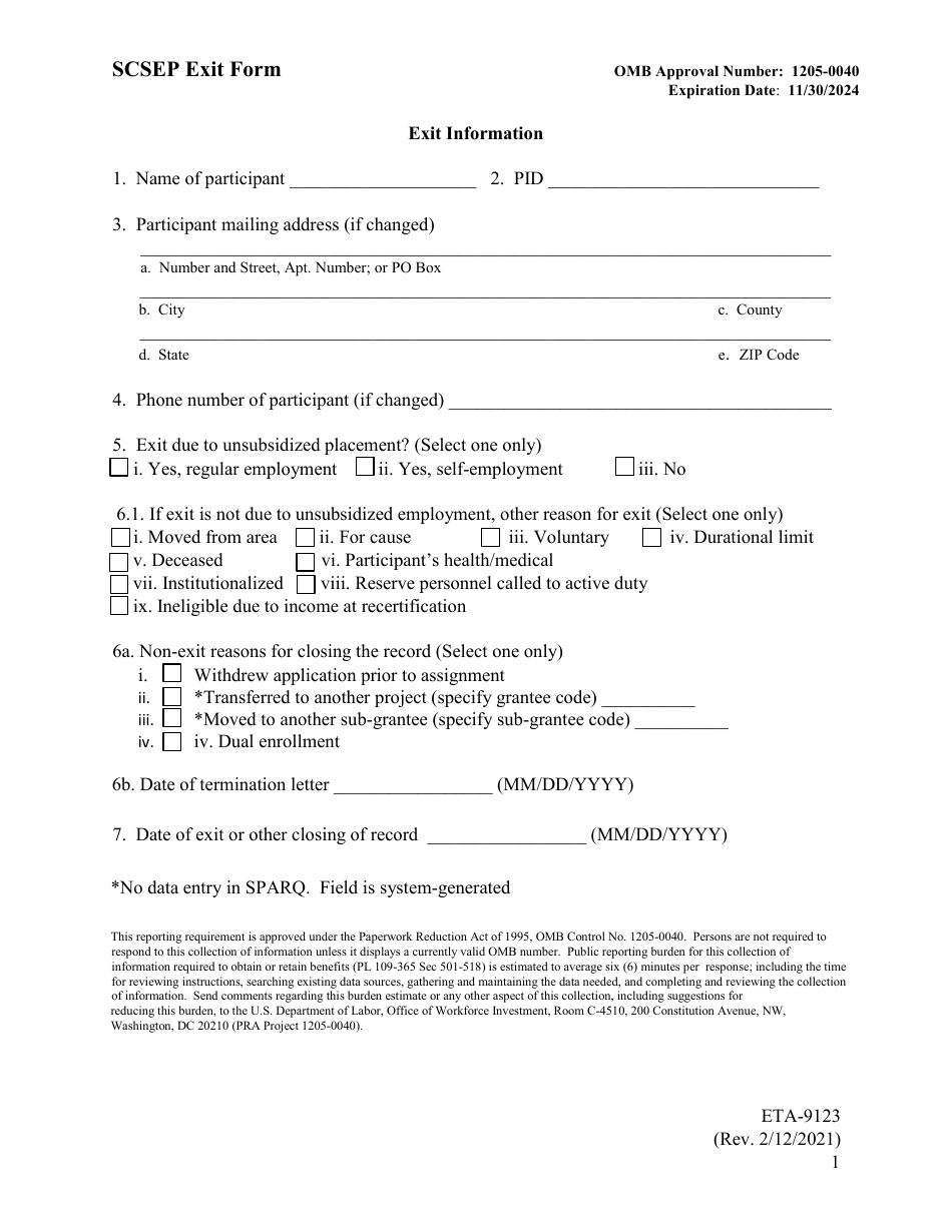 Form ETA-9123 Scsep Exit Form - Minnesota, Page 1