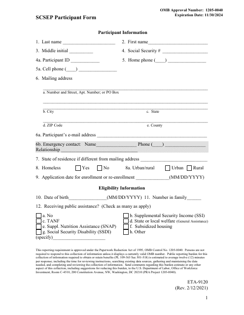 Form ETA-9120 Scsep Participant Form - Minnesota