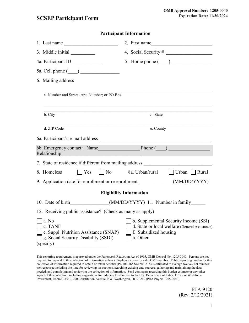 Form ETA-9120 Scsep Participant Form - Minnesota, Page 1