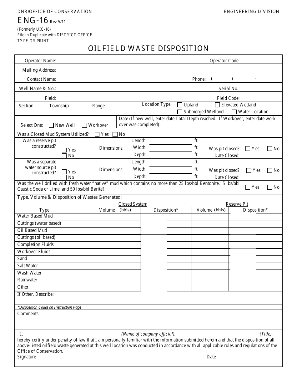 Form ENG-16 Oilfield Waste Disposition - Louisiana, Page 1