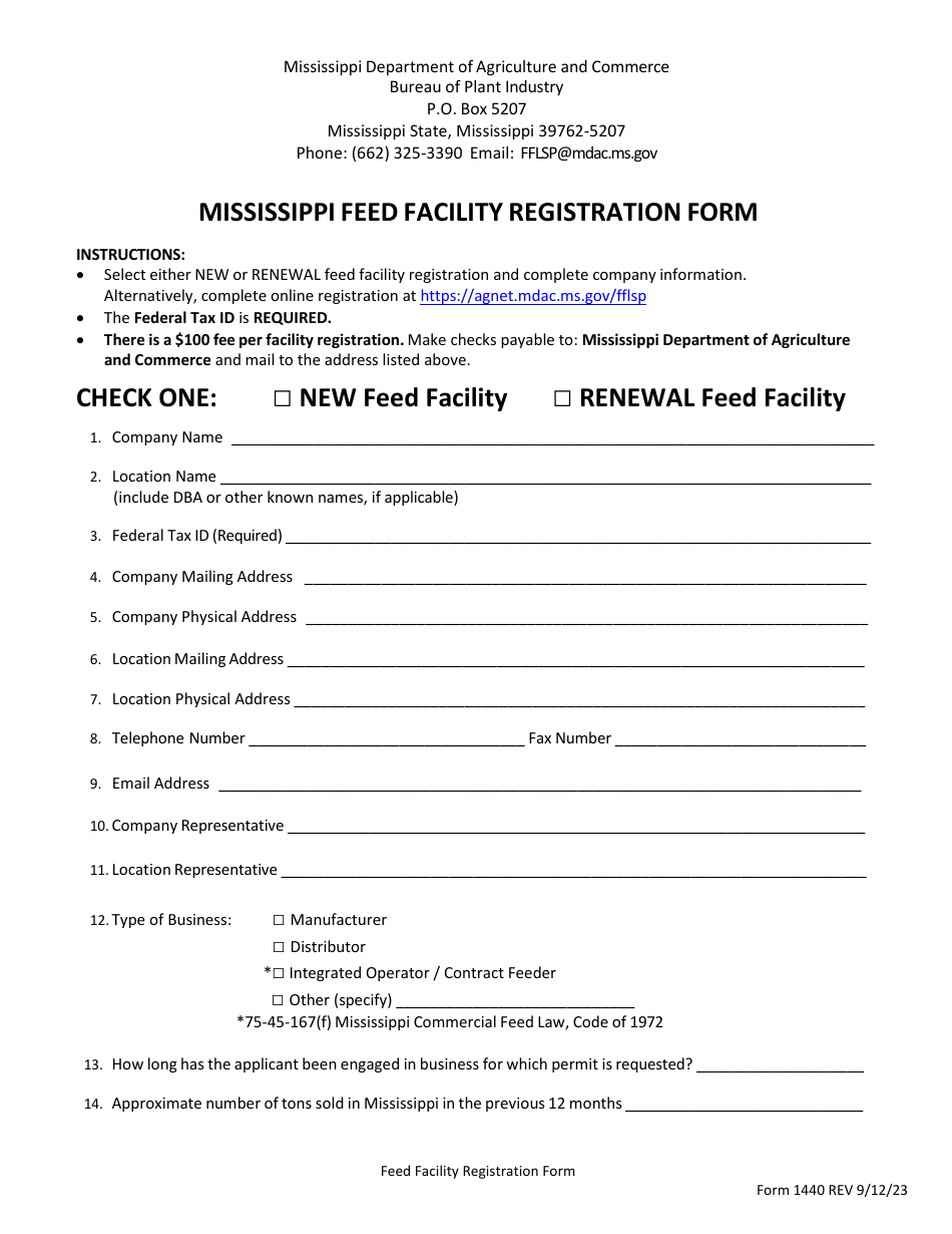 Form 1440 Mississippi Feed Facility Registration Form - Mississippi, Page 1