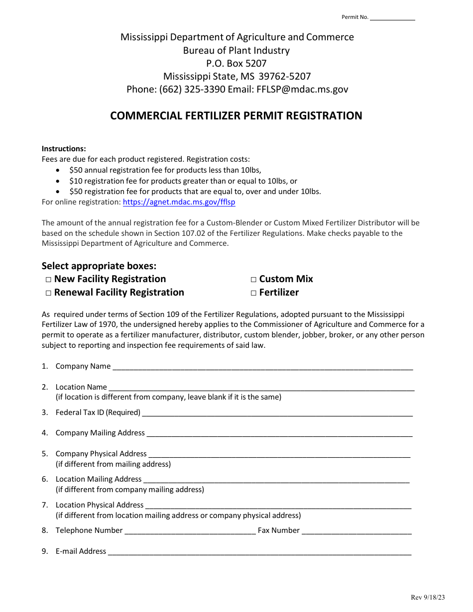 Commercial Fertilizer Permit Registration - Mississippi, Page 1
