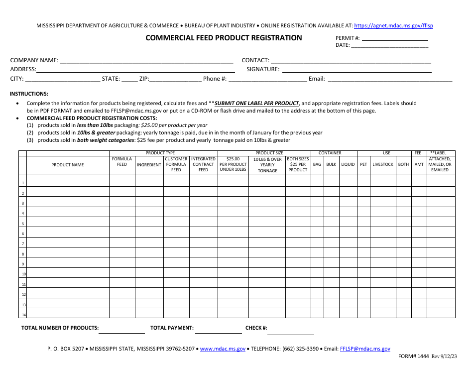 Form 1444 Commercial Feed Product Registration - Mississippi, Page 1