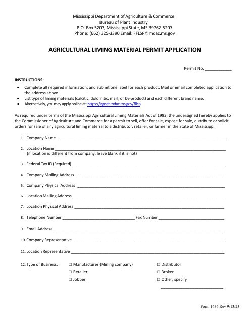 Form 1636 Agricultural Liming Material Permit Application - Mississippi