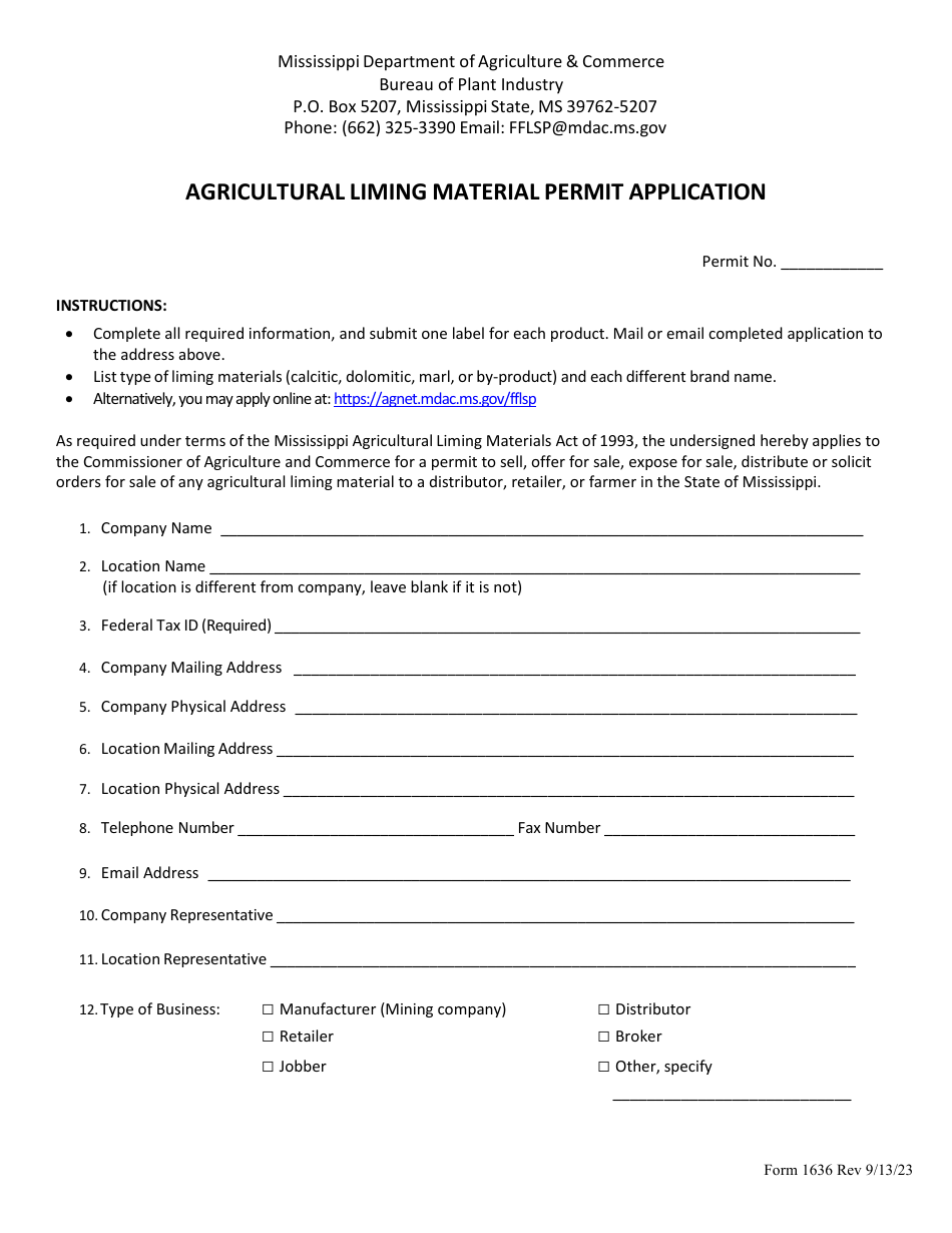 Form 1636 Agricultural Liming Material Permit Application - Mississippi, Page 1